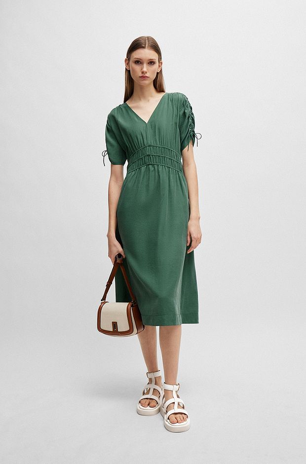 Slim-fit midi dress with gathered sleeves, Light Green