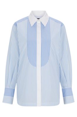 Shop Hugo Boss Pure-cotton Blouse With Mixed Vertical Stripes In Patterned