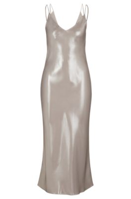 Shop Hugo Boss Evening Dress In Liquid-soft Fabric With Layered Neckline In Light Beige