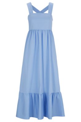 Volant-hem dress in twill, Blue