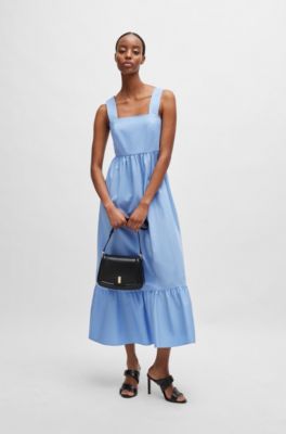 Volant-hem dress in twill, Blue
