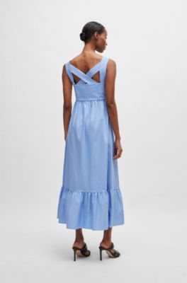 Volant-hem dress in twill, Blue