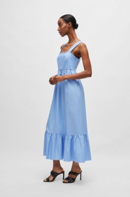 Volant-hem dress in twill, Blue