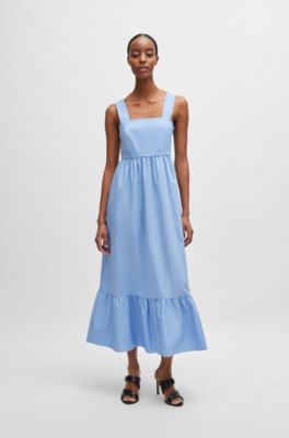 Volant-hem dress in twill, Blue
