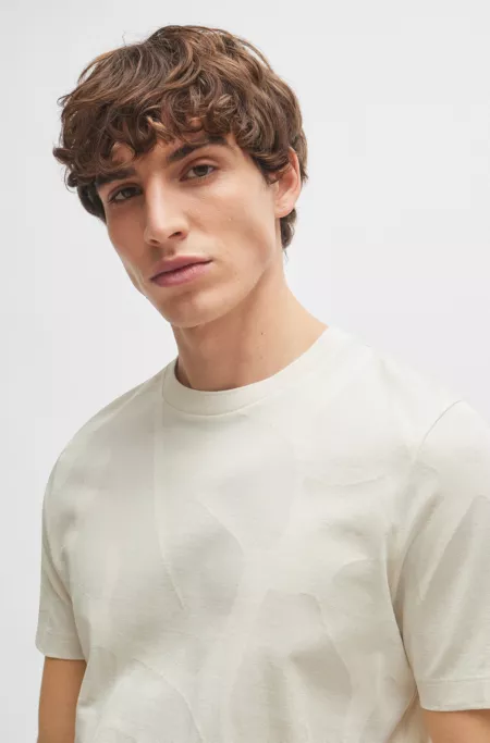 Cotton T-shirt with two-tone monstera-leaf pattern