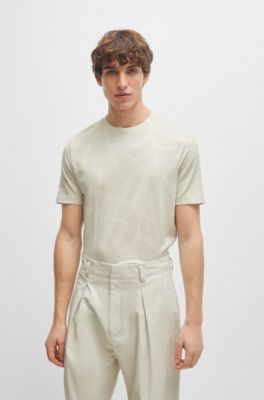 Cotton T-shirt with two-tone monstera-leaf pattern, White