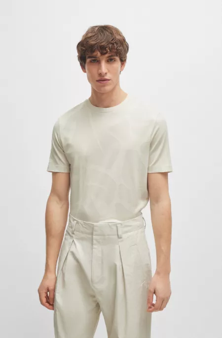 Cotton T-shirt with two-tone monstera-leaf pattern