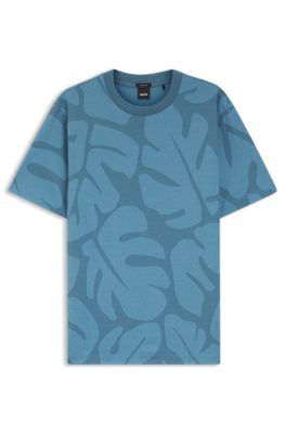 Camiseta de algod&oacute;n con estampado de hojas de monstera en dos tonos, Celeste