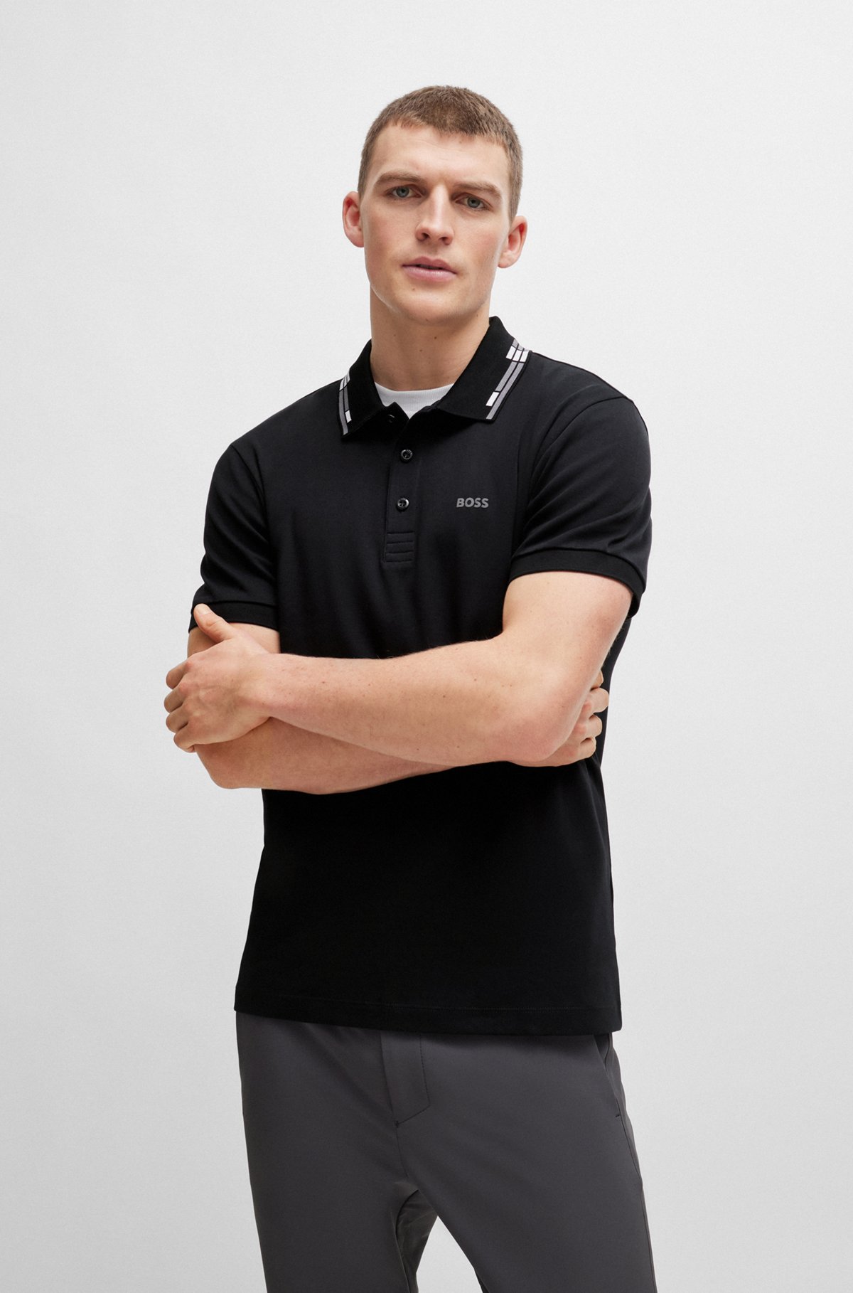 BOSS Interlock-cotton slim-fit polo shirt with collar graphics in Black | Men's Polo Shirts size XXL