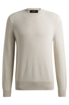 Shop Hugo Boss Regular-fit Sweater In Boucl Silk With Ribbed Cuffs In White
