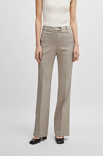 Slim-fit trousers with flared leg in stretch material, Light Beige