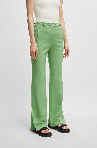 Slim-fit trousers with flared leg in stretch material, Light Green