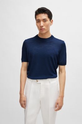 Pull &agrave; manches courtes en soie Tussah, bleu clair