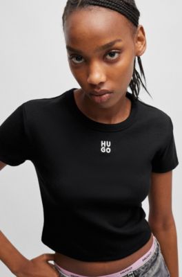 T-shirt Slim en coton m&eacute;lang&eacute; &agrave; logo brod&eacute;, Noir