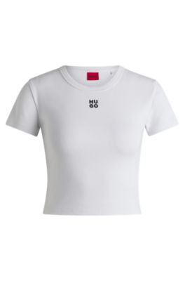 T-shirt Slim en coton m&eacute;lang&eacute; &agrave; logo brod&eacute;, Blanc