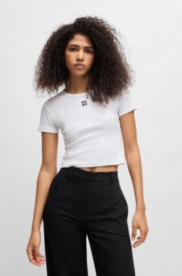 T-shirt Slim en coton m&eacute;lang&eacute; &agrave; logo brod&eacute;, Blanc