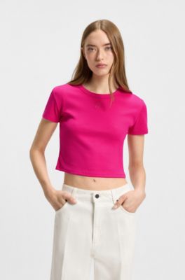 T-shirt Slim en coton m&eacute;lang&eacute; &agrave; logo brod&eacute;, Rose