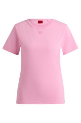 HUGO - Cotton T-shirt with stacked-logo embroidery - Pink
