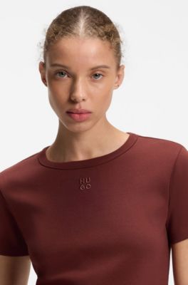 Regular-fit T-shirt with stacked-logo embroidery, Brown