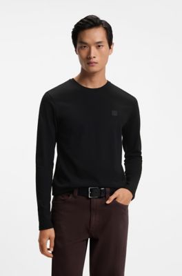 Long-sleeve cotton T-shirt with logo patch, Black