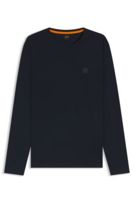 T-shirt &agrave; manches longues en coton avec &eacute;cusson &agrave; logo, Bleu fonc&eacute;