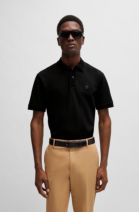 Mercerized-cotton polo shirt with embroidered double monogram, Black