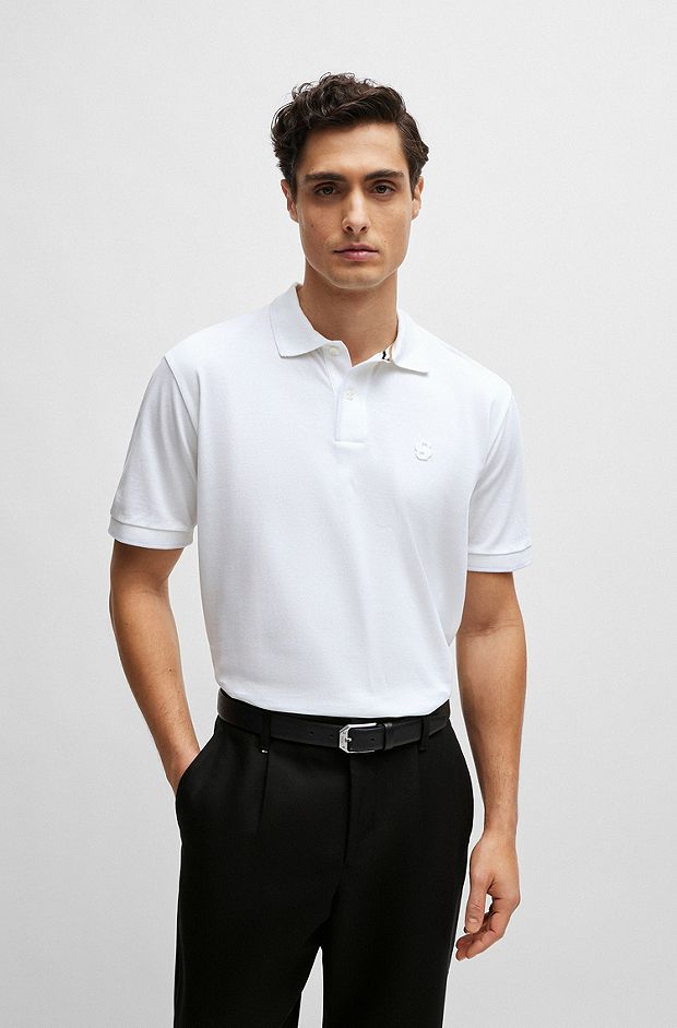 Mercerized-cotton polo shirt with embroidered double monogram, White