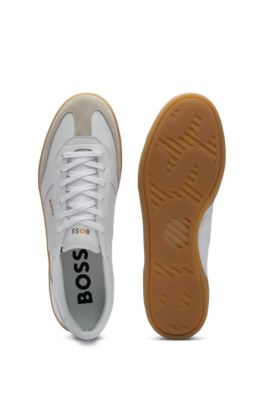 Leather and suede trainers with embossed logos, White