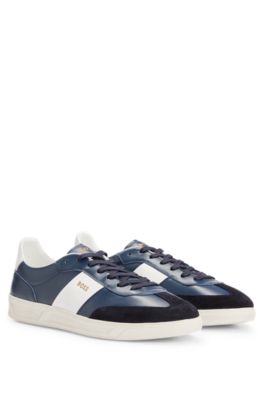 Shop Hugo Boss Leather And Suede Trainers With Embossed Logos In Dark Blue
