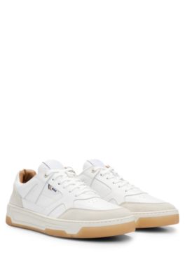 Shop Hugo Boss Leather And Suede Trainers With Signature Stripe And Logo In White