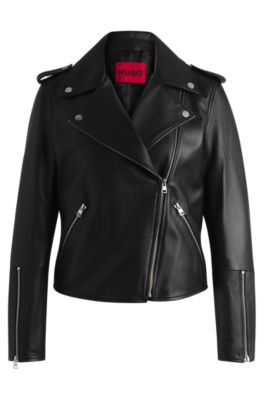 HUGO Regular fit biker jacket in leather with asymmetrical zip Black