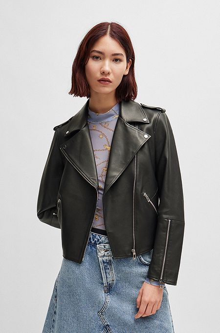 Regular-fit biker jacket in leather with asymmetrical zip, Black