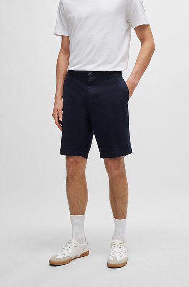 Shorts slim fit de sarga de algodón elástico, Azul oscuro