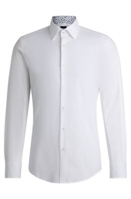 Camisa slim fit en popel&iacute;n de algod&oacute;n el&aacute;stico de planchado f&aacute;cil, Blanco