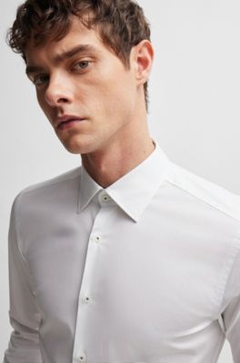Camisa slim fit en popel&iacute;n de algod&oacute;n el&aacute;stico de planchado f&aacute;cil, Blanco