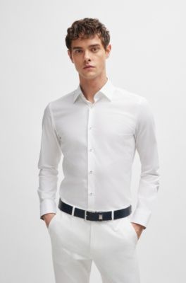 Camisa slim fit en popel&iacute;n de algod&oacute;n el&aacute;stico de planchado f&aacute;cil, Blanco