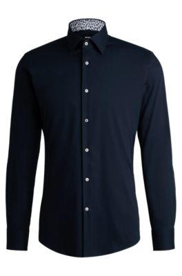 Camisa slim fit en popel&iacute;n de algod&oacute;n el&aacute;stico de planchado f&aacute;cil, Azul oscuro