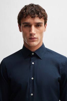 Camisa slim fit en popel&iacute;n de algod&oacute;n el&aacute;stico de planchado f&aacute;cil, Azul oscuro