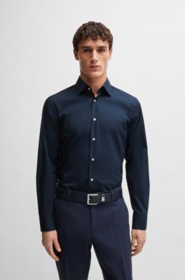 Camisa slim fit en popel&iacute;n de algod&oacute;n el&aacute;stico de planchado f&aacute;cil, Azul oscuro