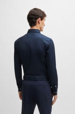 Camisa slim fit en popel&iacute;n de algod&oacute;n el&aacute;stico de planchado f&aacute;cil, Azul oscuro
