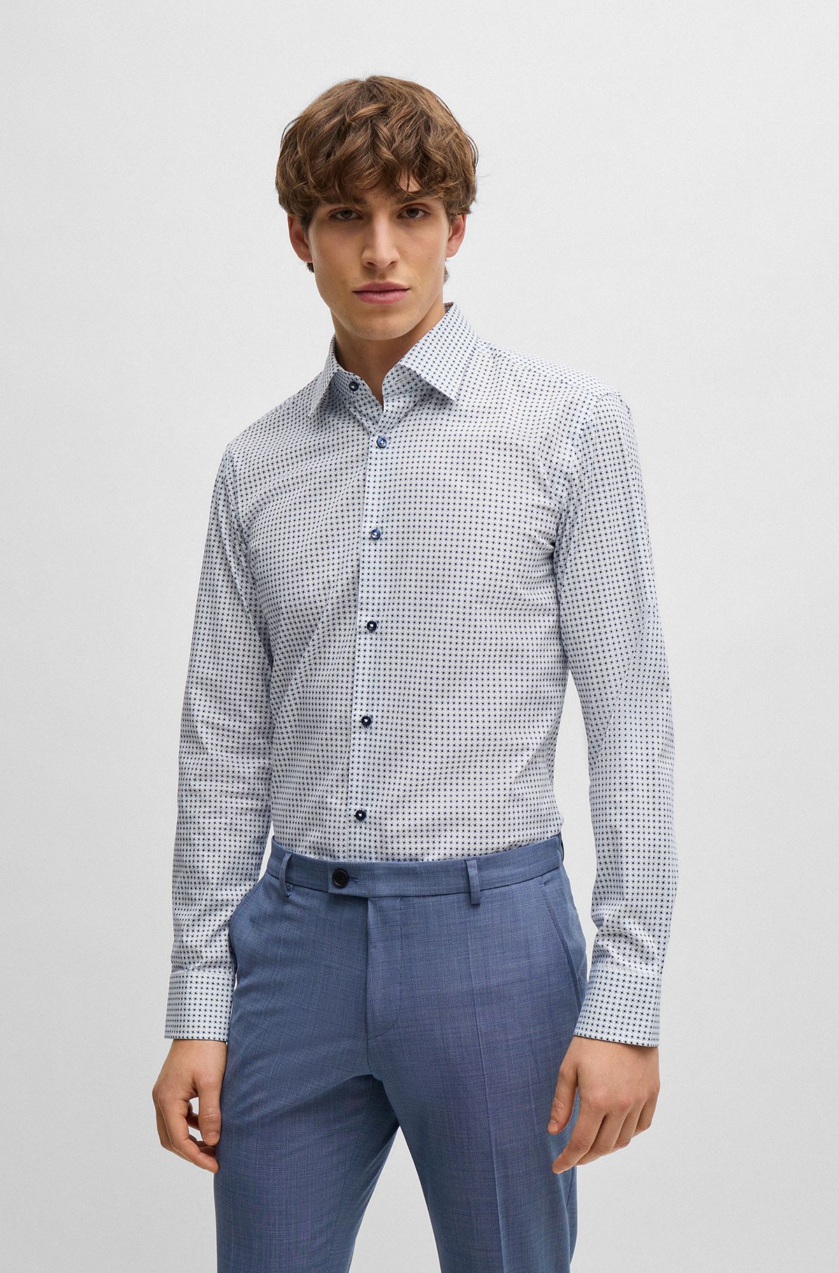 Slim-fit shirt in geometric-printed stretch-cotton poplin, White