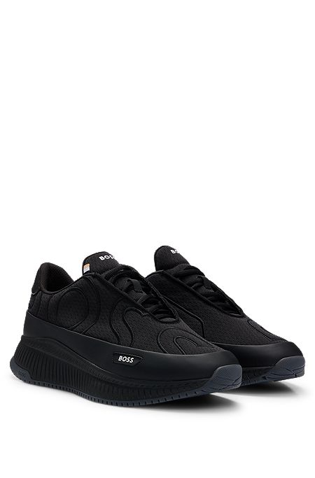 Embroidered-logo trainers with rubberized faux leather, Black