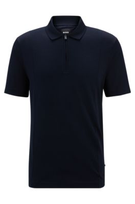 Shop Hugo Boss Zip-neck Polo Shirt In Stretch Cotton In Dark Blue