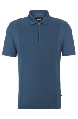 Hugo Boss Zip-neck Polo Shirt In Stretch Cotton In Blue