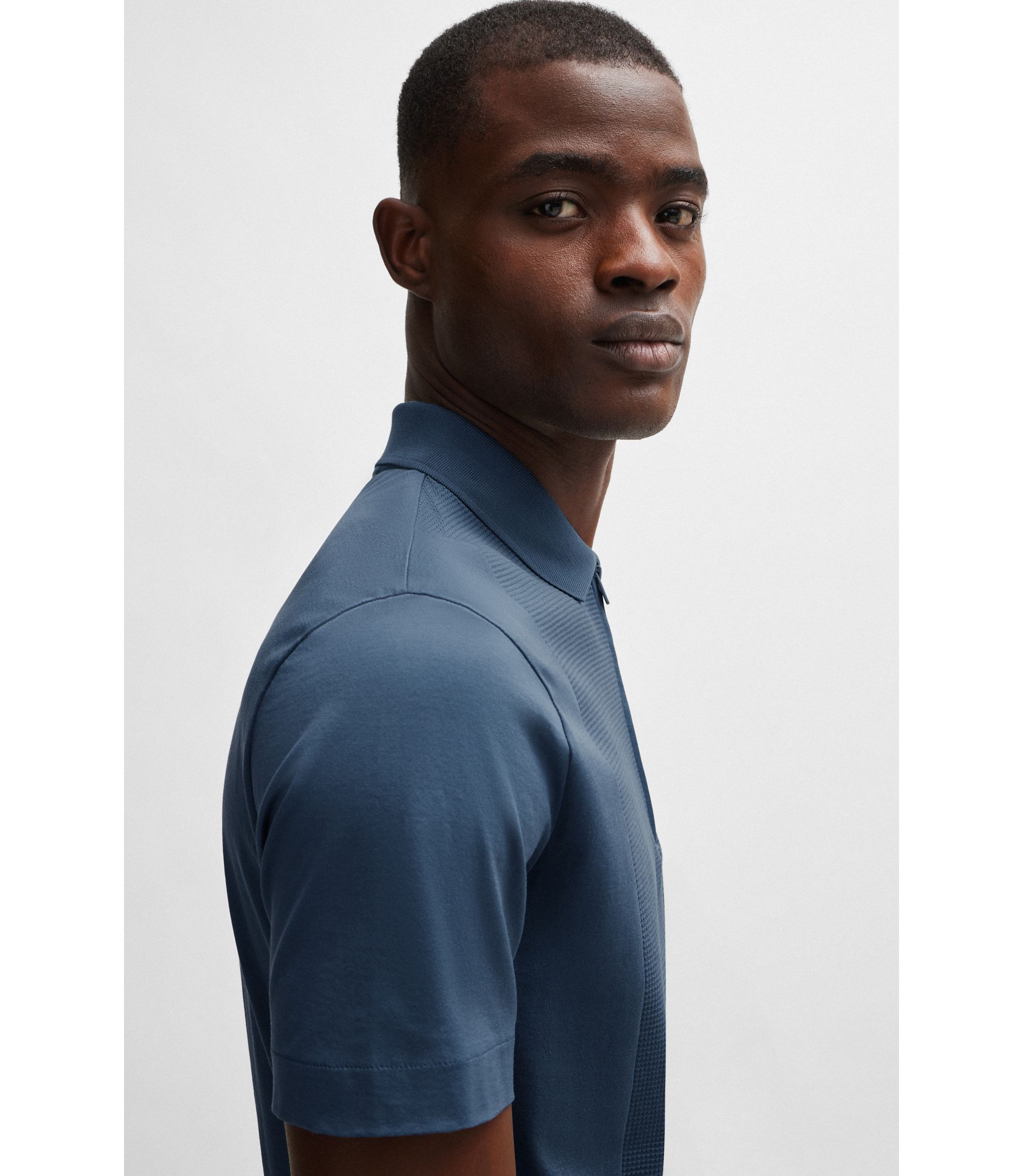 BOSS - Zip-neck polo shirt in stretch cotton - Blue