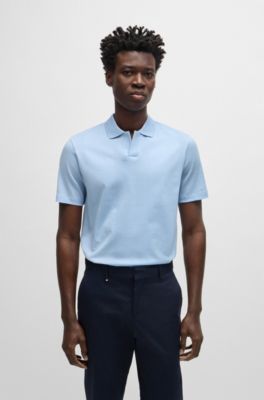 Polo de algod&oacute;n con mezcla de estructuras y cuello abierto, Celeste