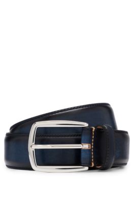 Italian-leather belt with silver-tone pin buckle, Dark Blue