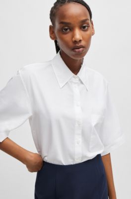 Relaxed-fit blouse in paper-touch cotton poplin, White