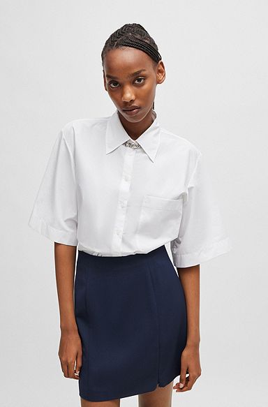 Relaxed-fit blouse in paper-touch cotton poplin, White