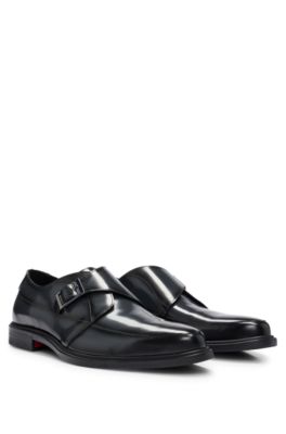 Hugo Leather Monk Shoes With Stacked-logo Trim In Black